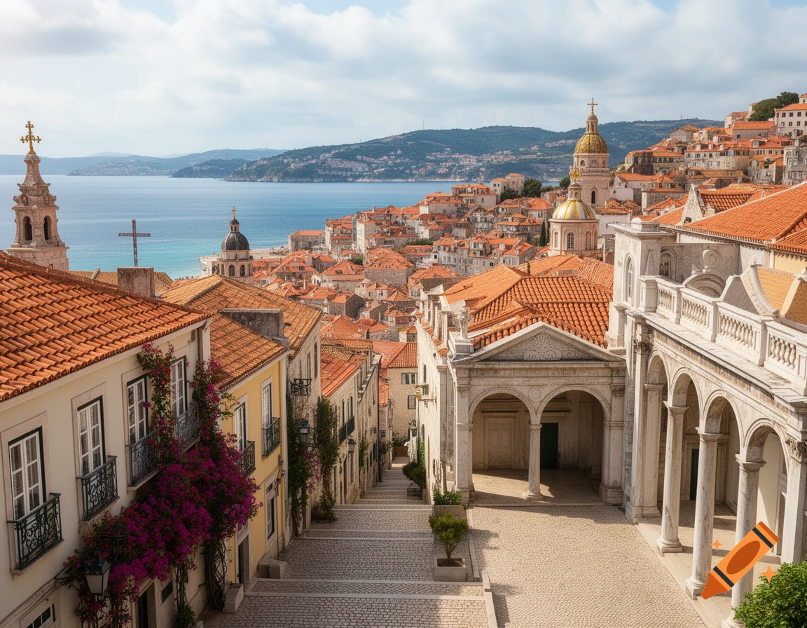 Panoramic view of a European coastal city with red-tiled roofs, white buildings, and churches overlooking a bay under a cloudy sky.