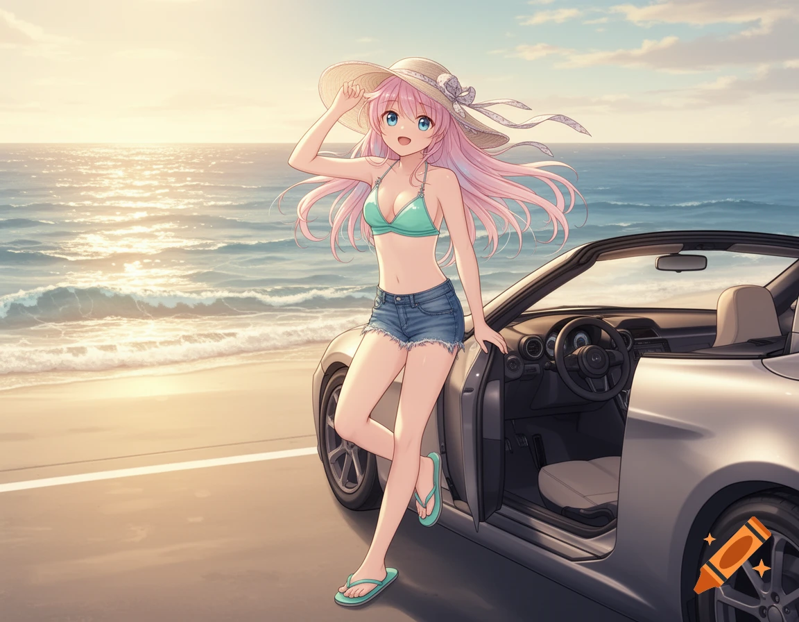 Anime girl with pink hair in a bikini top and shorts, holding her sunhat, standing by a convertible car on a sunny beach.