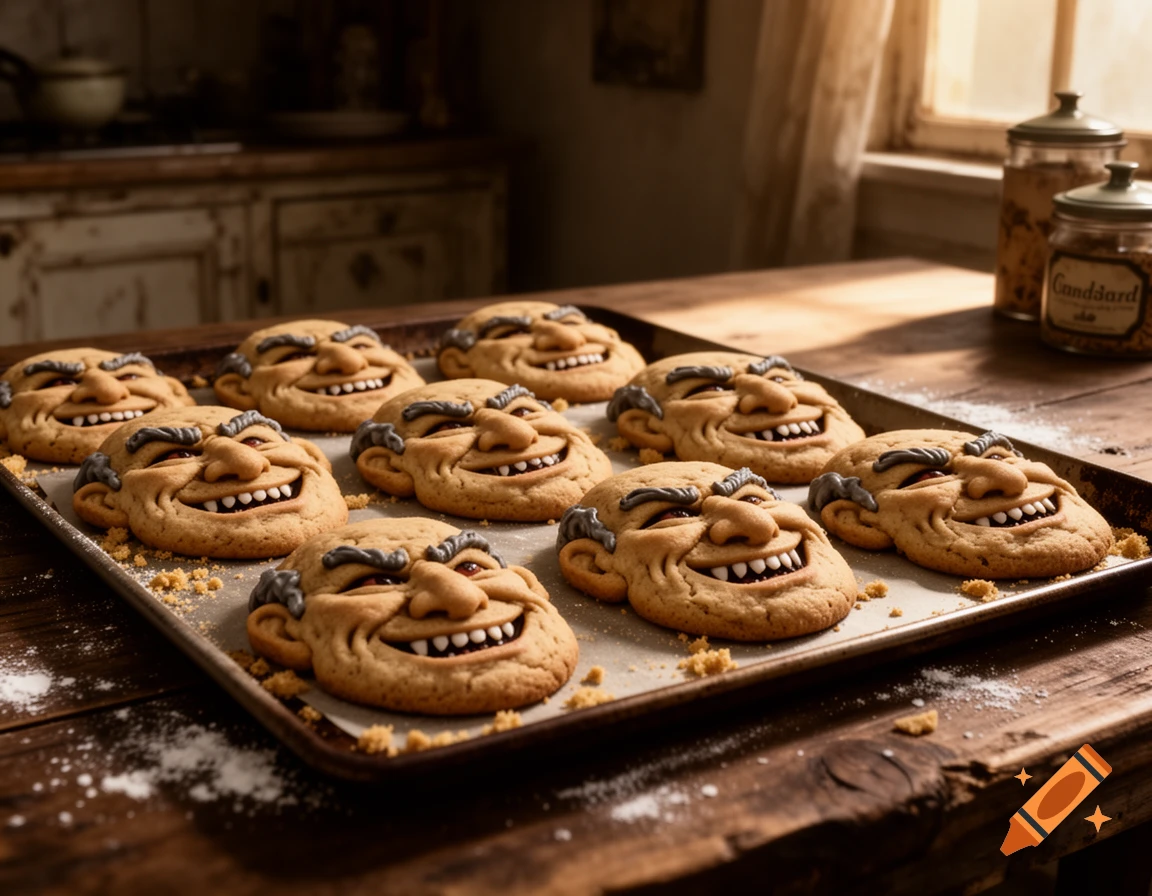 A close-up of a baking tray filled with multiple round cookies shaped like smiling, wrinkled old men's faces with grey icing for hair and eyebrows, in a rustic kitchen setting.