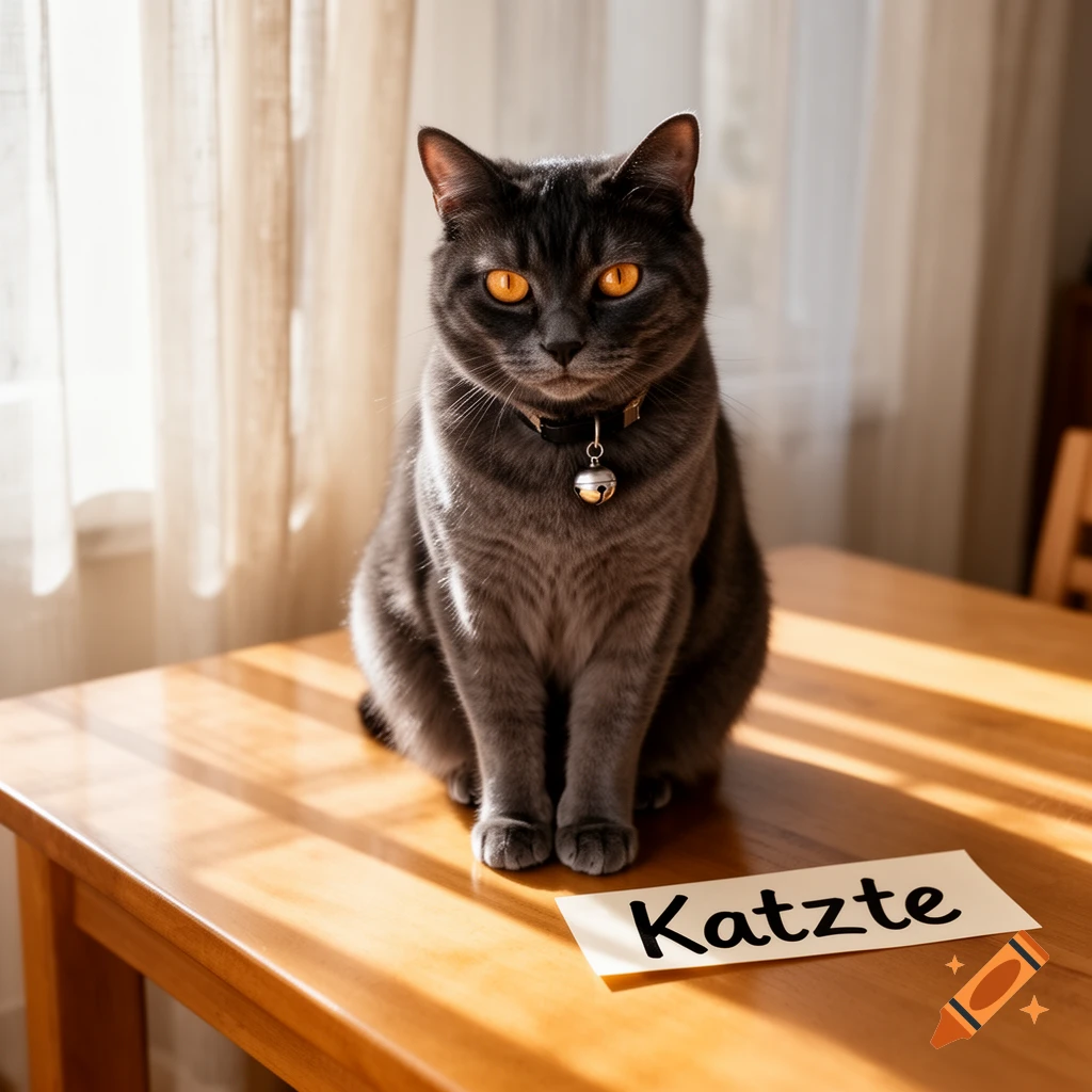 A dark grey cat with orange eyes sits on a sunlit wooden table next to a paper sign reading 'Katzte', with sheer curtains in the background.