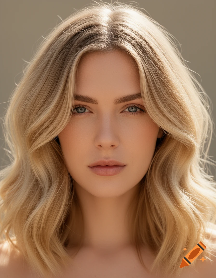 Close-up photorealistic portrait of a young woman with wavy blonde hair and blue eyes.