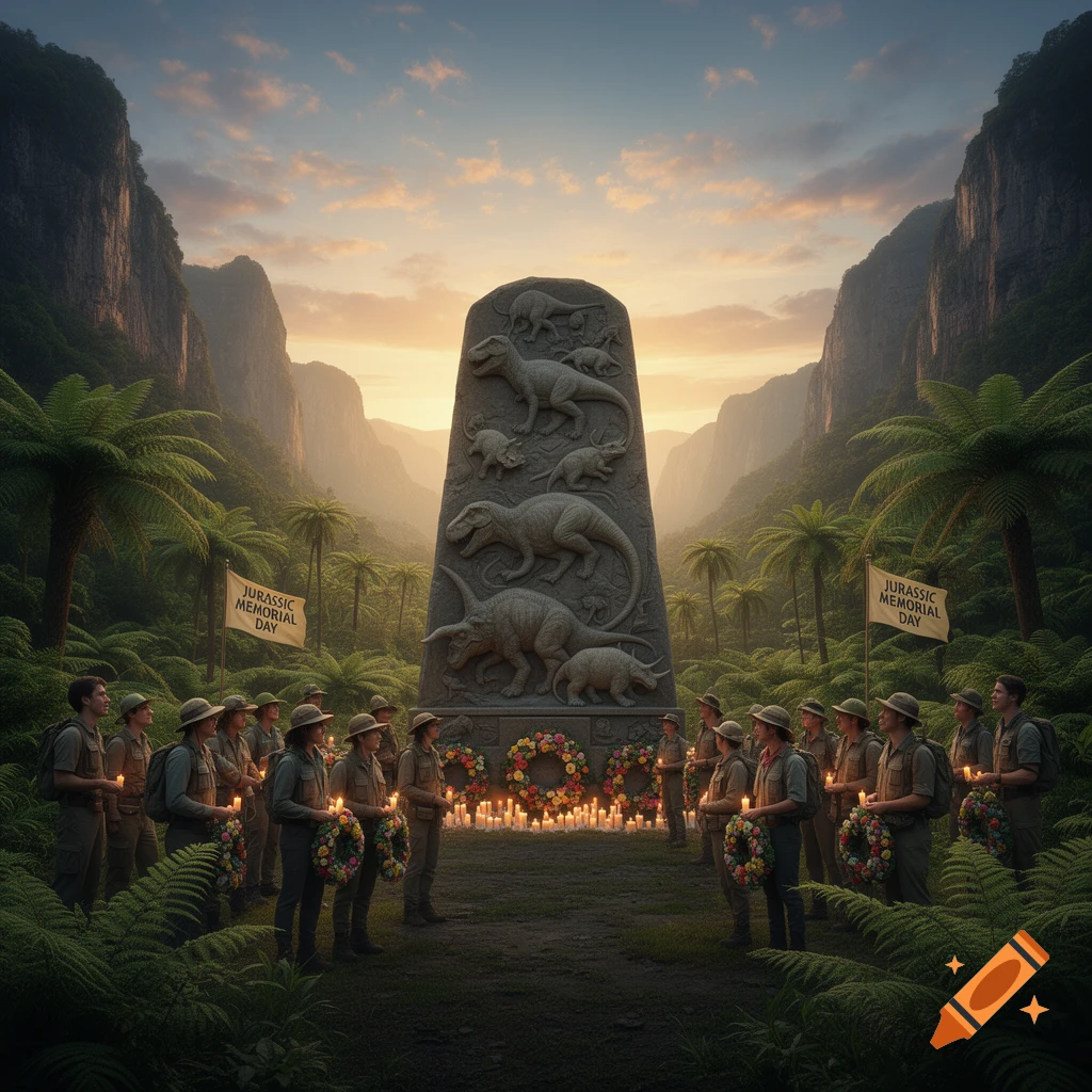 People in uniform hold candles and wreaths around a stone dinosaur monument in a jungle valley at sunset, with flags reading 'Jurassic Memorial Day'.