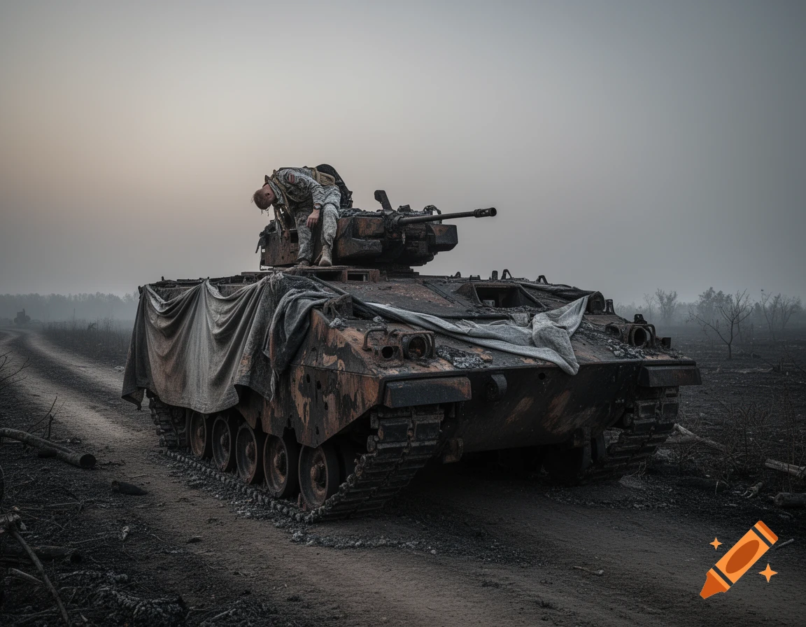 Burnt military vehicle with a slumped soldier in the turret on a dirt road in a misty, desolate landscape.