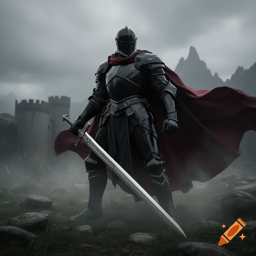 A knight in black armor and a red cape stands with a greatsword in a foggy, rocky landscape with a castle and mountains in the background.