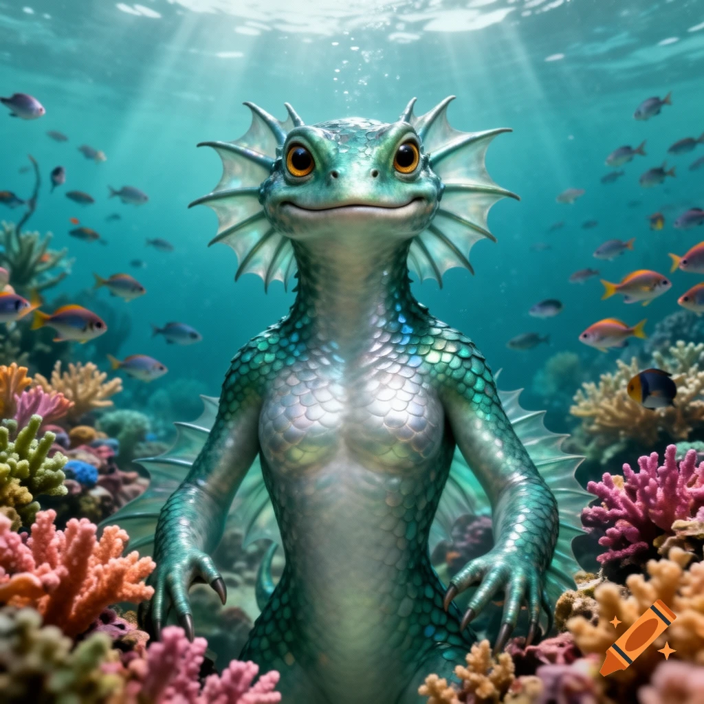 An anthropomorphic green lizard-like creature with large orange eyes and fins stands among vibrant coral and fish in a clear underwater scene.