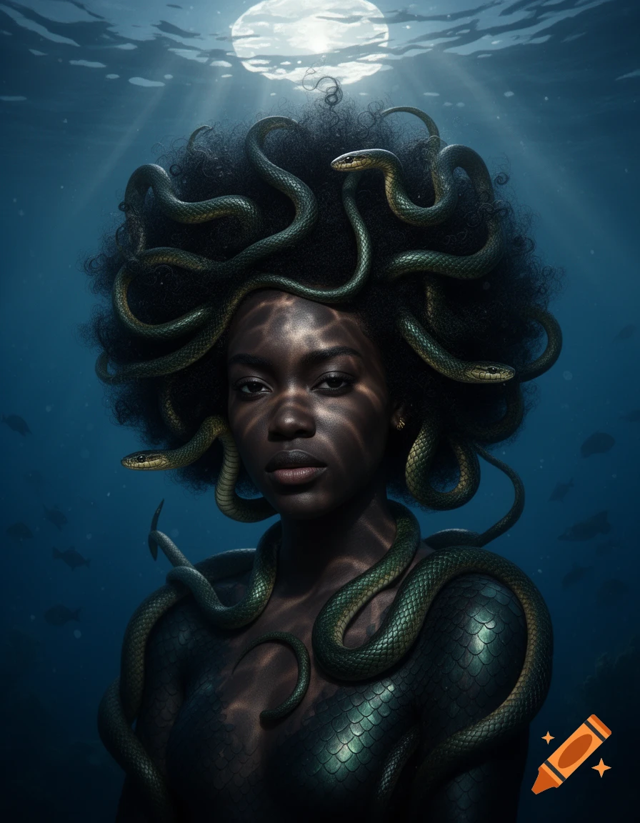 A Black mermaid woman with an afro of snakes and scaled skin, gazing forward underwater with moonlight reflecting above.
