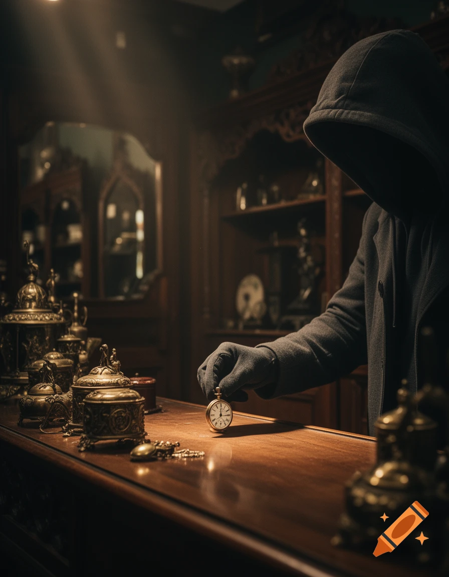 A hooded figure in a dark room reaches for a pocket watch on a wooden counter laden with antique items, in a photorealistic style.