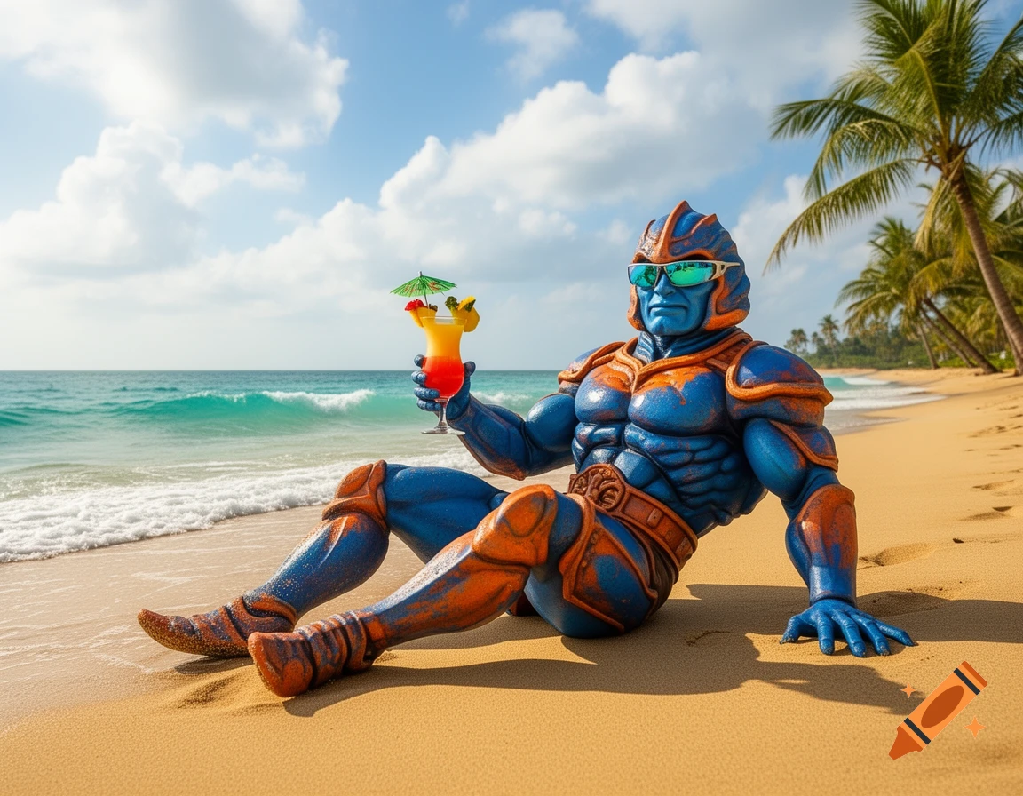 A blue and orange armored Mantenna figure with sunglasses holds a cocktail while relaxing on a tropical beach.
