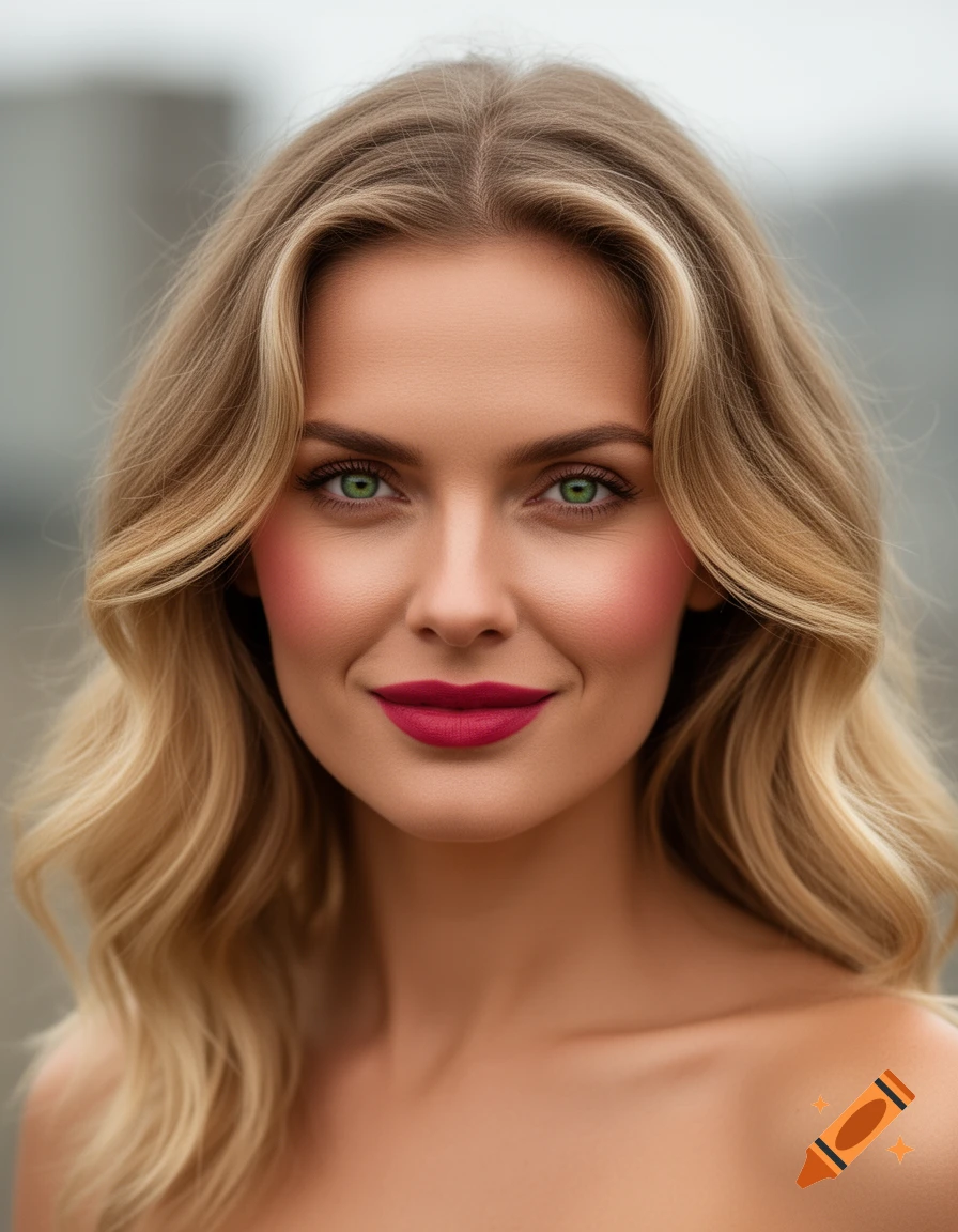 A beautiful blonde woman with wavy hair, green eyes, berry lips, and rosy cheeks smiles at the viewer.