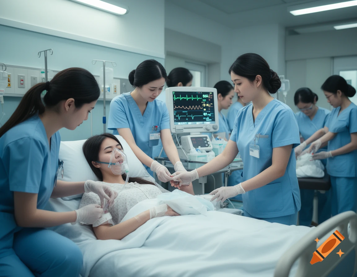 Photorealistic image of nurses attending to a female patient with an oxygen mask in a hospital bed, monitoring her heart.