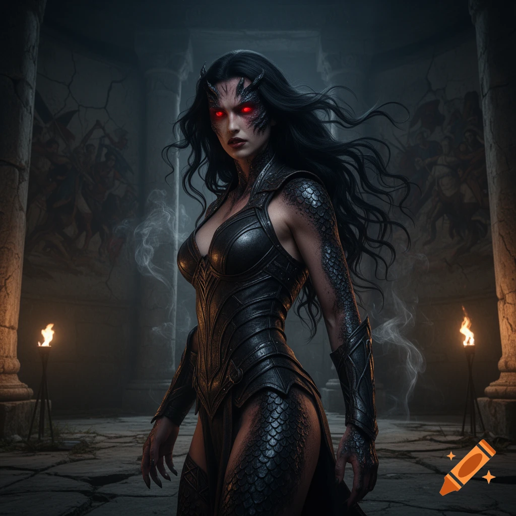 A dark fantasy demon-like woman with long black hair, glowing red eyes, scaly skin, and black armor stands in an ancient stone hall with torches.