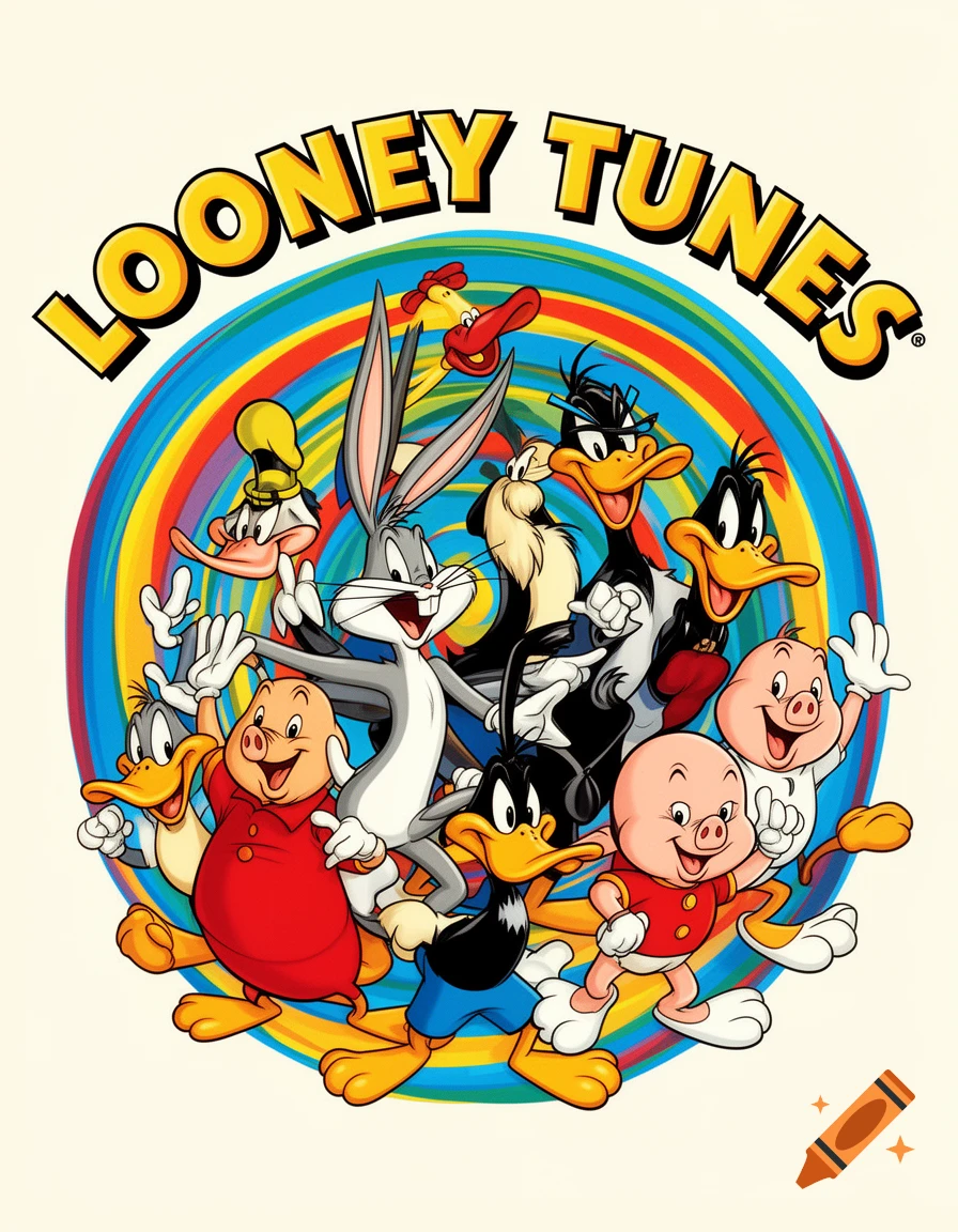Bugs Bunny, Daffy Duck, Porky Pig, and other Looney Tunes characters are gathered within a vibrant rainbow spiral.
