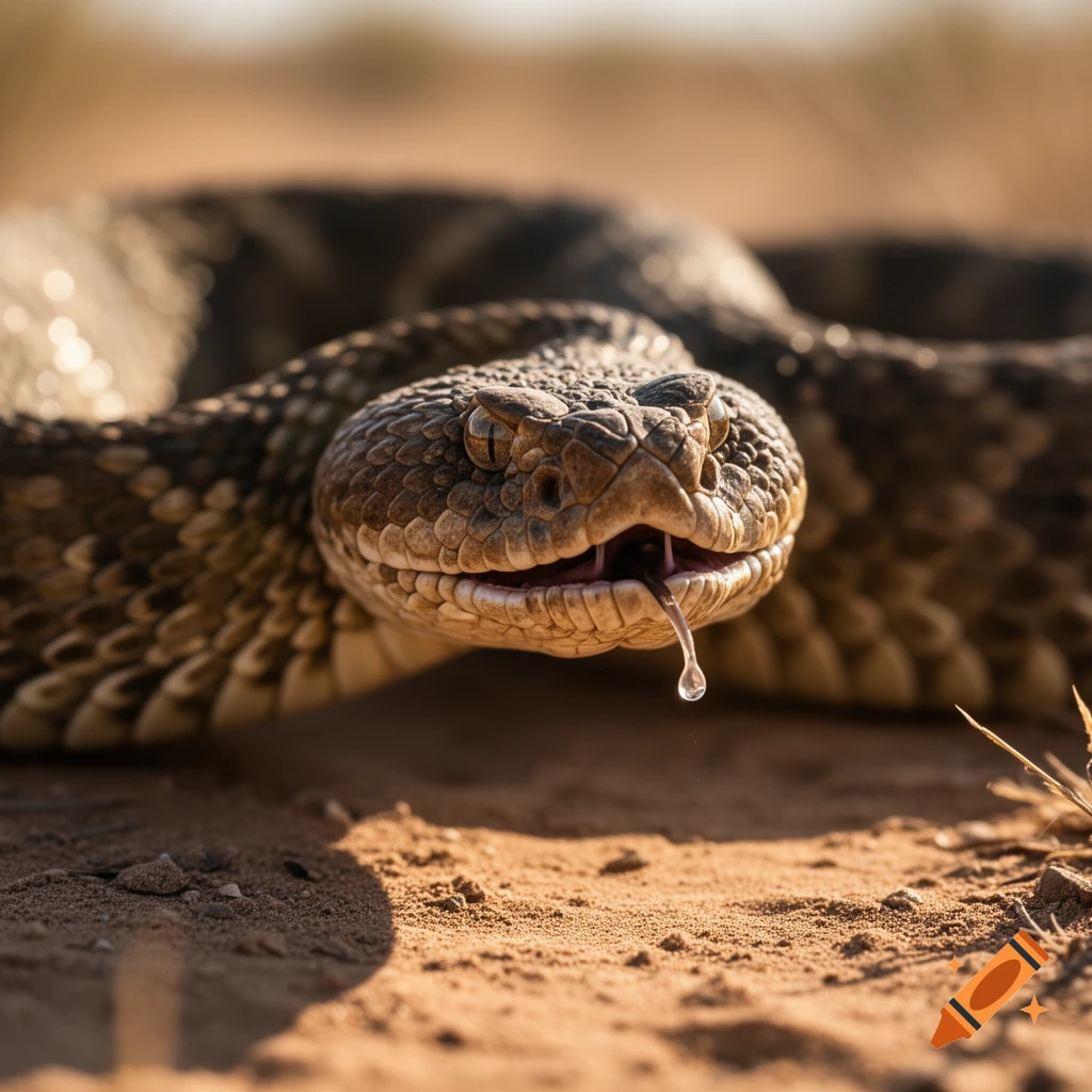 Close-up photorealistic shot of a rattlesnake on desert ground with venom dripping from its mouth.