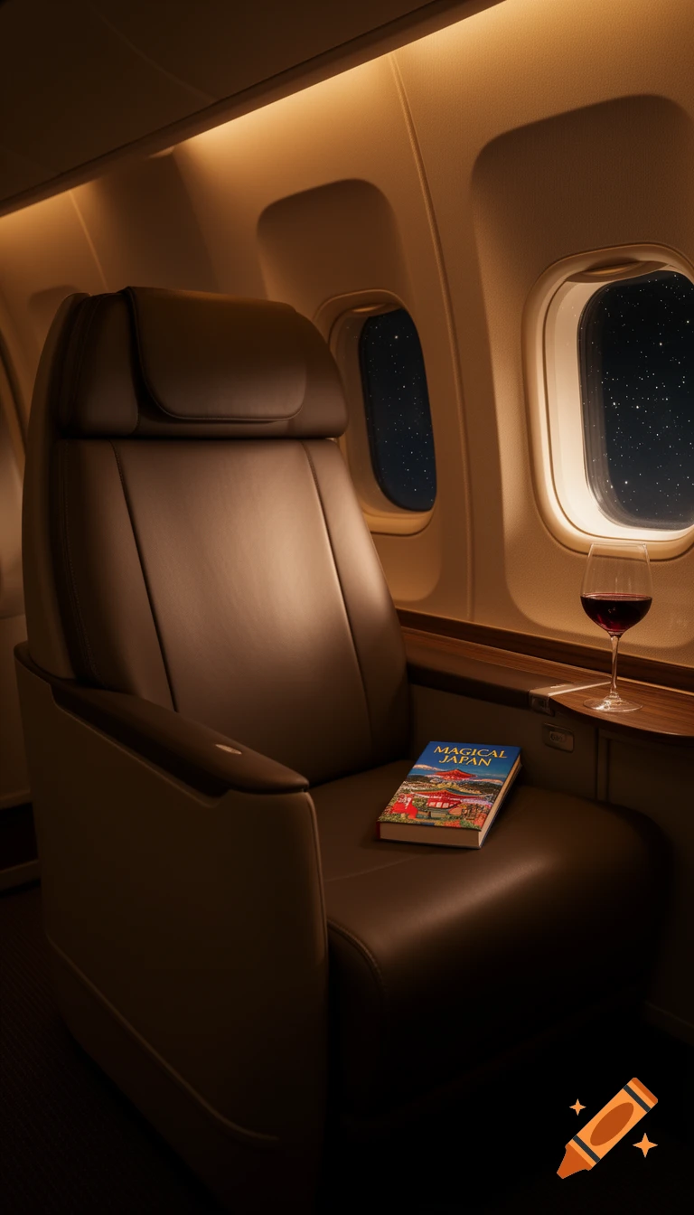 Empty business class airplane seat at night with a book 'MAGICAL JAPAN' and a glass of red wine, starry sky outside.