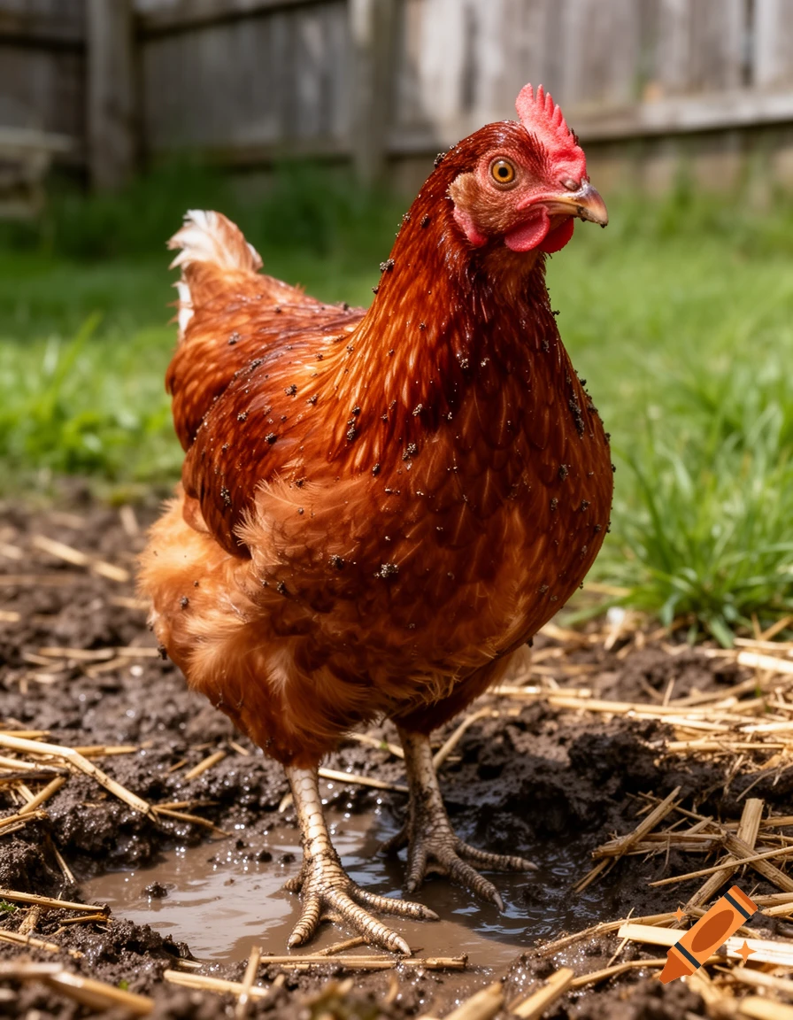 A brown chicken stands in a muddy puddle with straw, grass, and a wooden fence in the background, captured in a photorealistic style.
