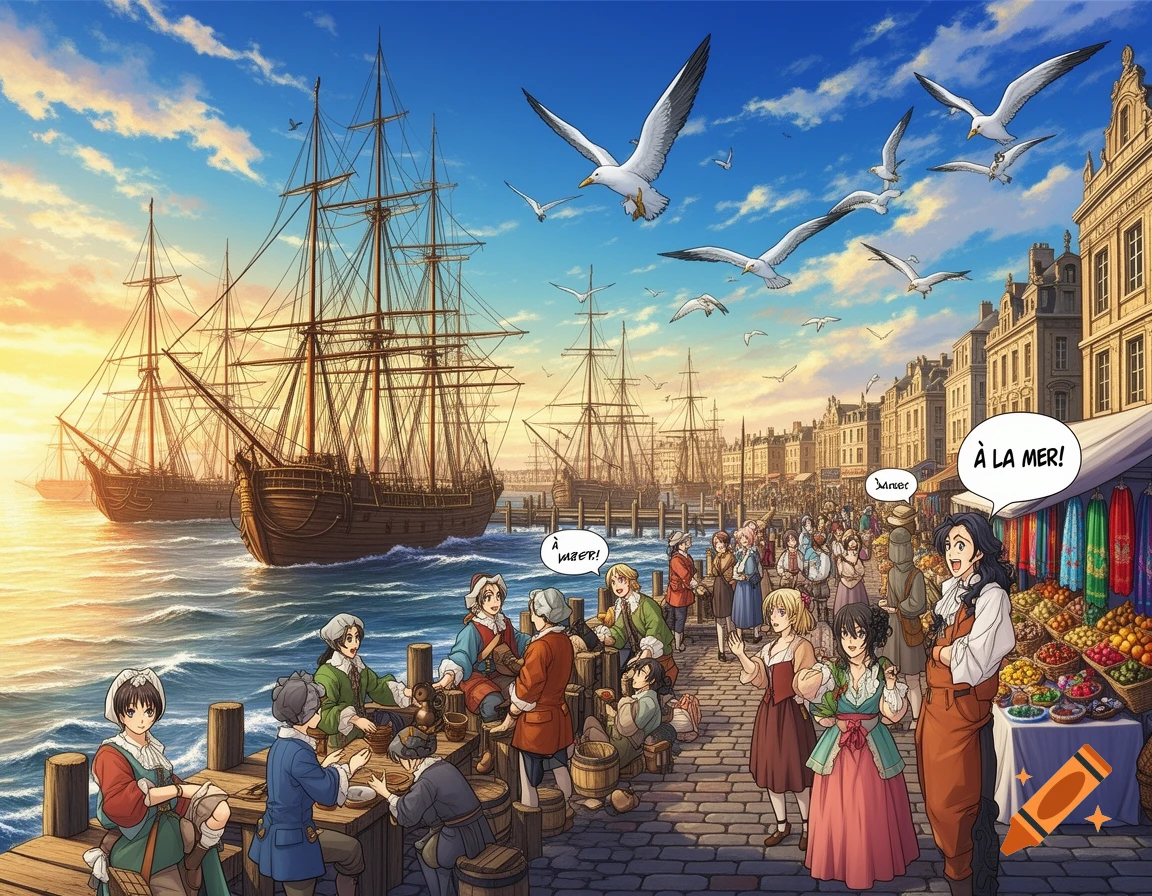 A bustling 18th-century French harbor scene in manganime style with large sailing ships, seagulls, market stalls, and many people on a sunny day.