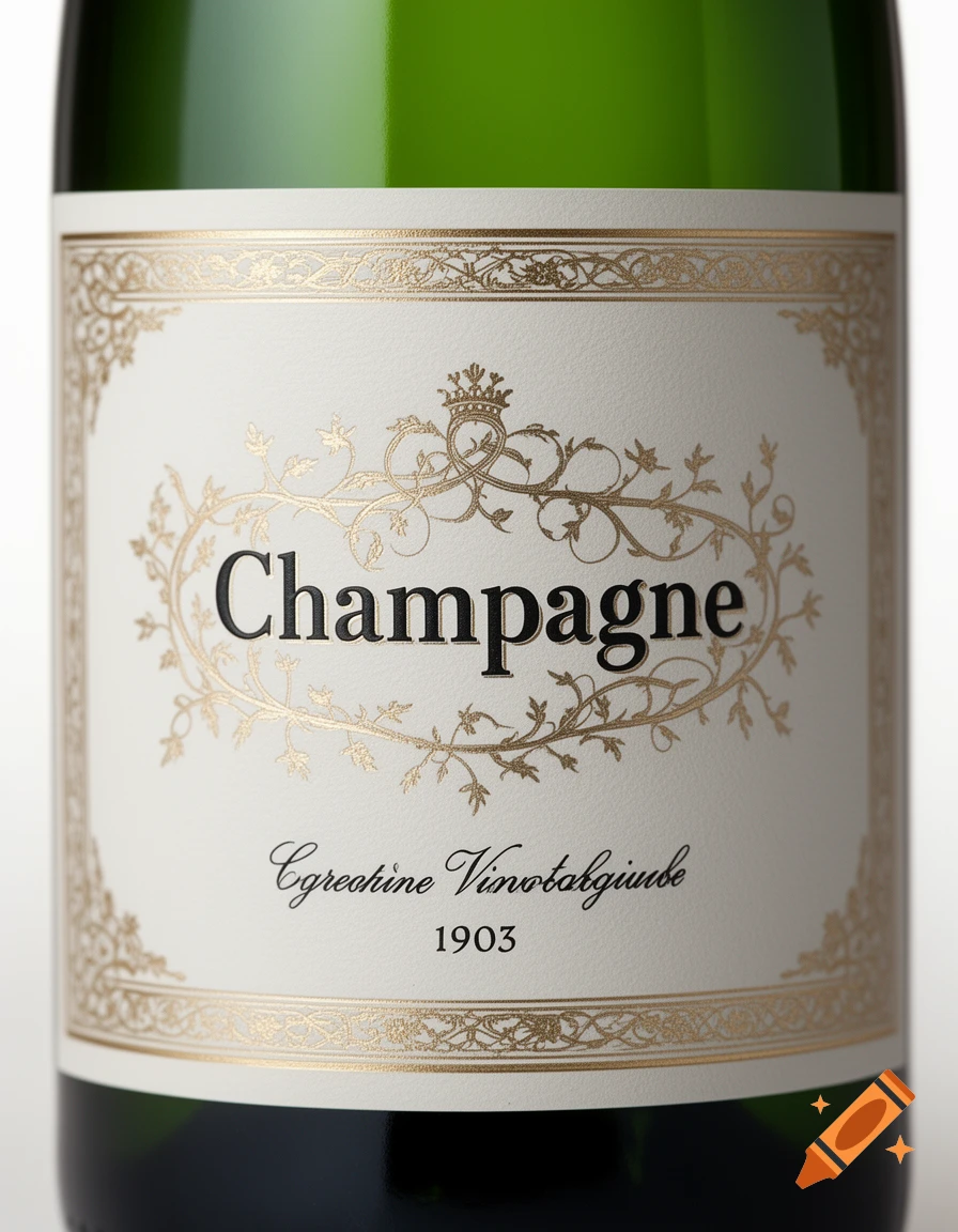 A close-up of a champagne bottle label with decorative gold foil accents, featuring the word 'Champagne' and '1903'.