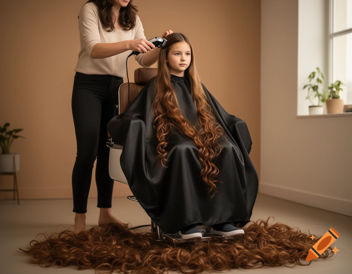 A woman uses hair clippers to cut a girl's long brown hair, which is piled on the floor.