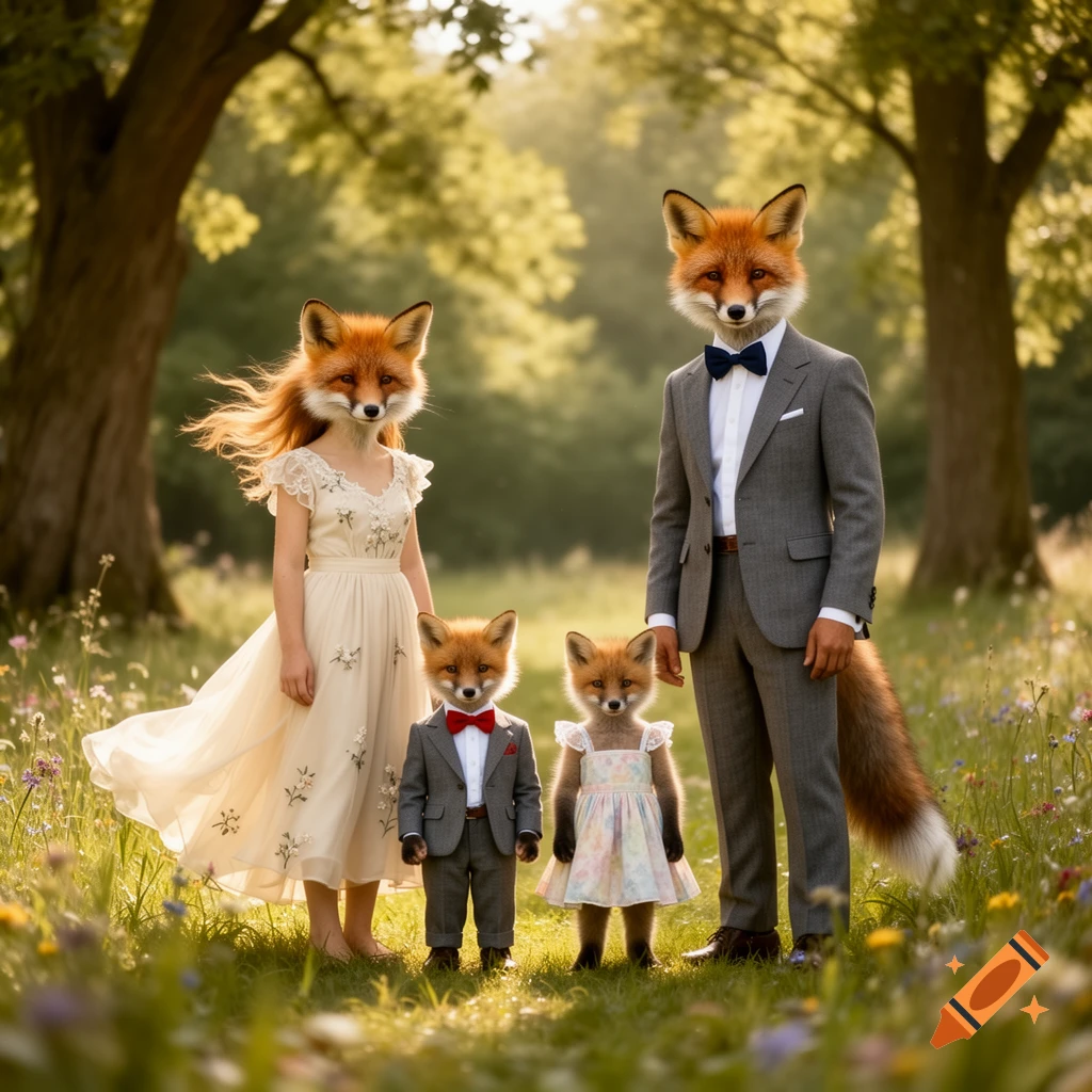 A photorealistic image of a fox family, with fox heads on human bodies, dressed in formal attire, standing in a sunny, green park among trees and wildflowers.