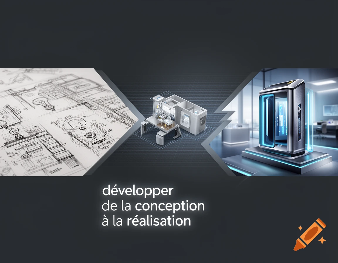 A collage showing technical blueprints, a 3D architectural model, and a sleek technological device, with the French text 'développer de la conception à la réalisation'.