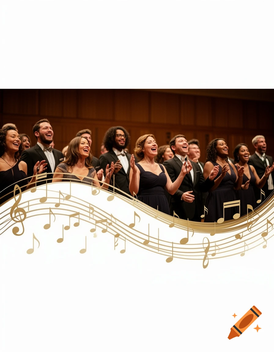 A diverse group of joyful singers performing on stage, with golden musical notes and staves overlaid in the foreground.