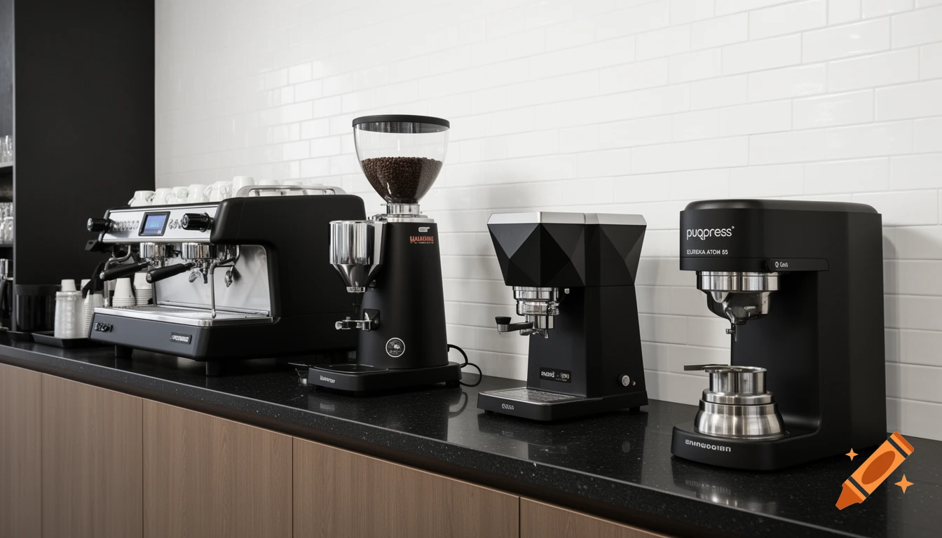 A lineup of professional matte black coffee machines, grinders, and a tamper on a black granite counter against a white tiled wall.
