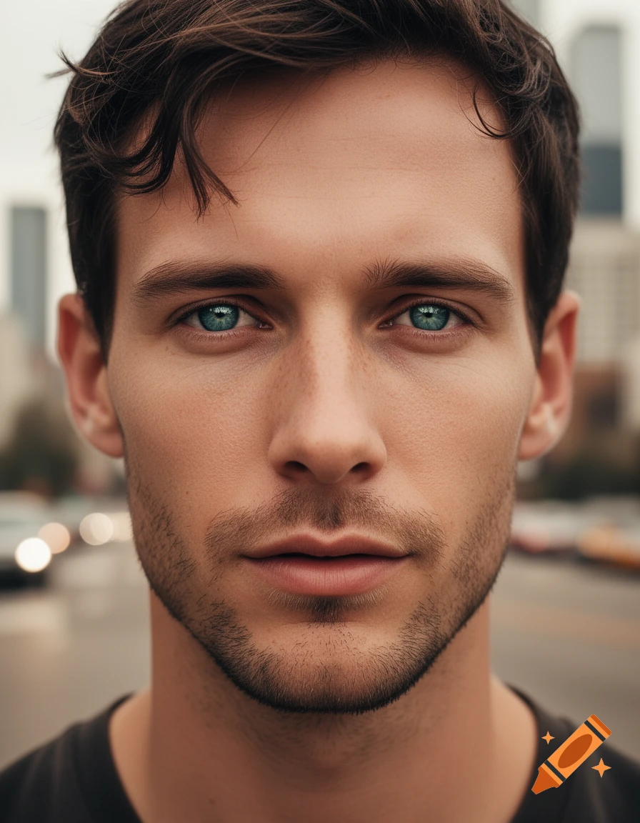 Photorealistic close-up portrait of a man with blue eyes and stubble looking forward, blurred city background.