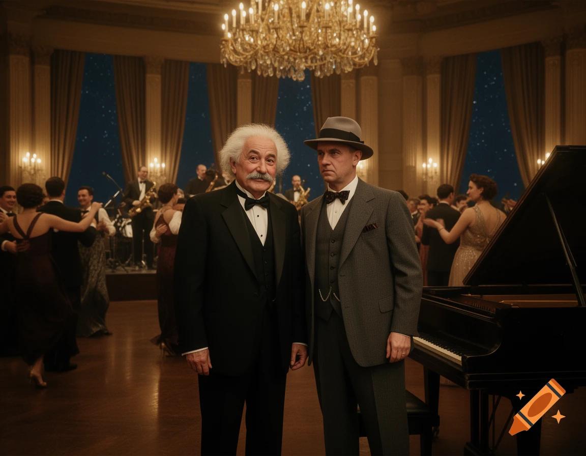 A man resembling Albert Einstein and another resembling Robert Oppenheimer stand in a grand ballroom with a chandelier and dancing couples.