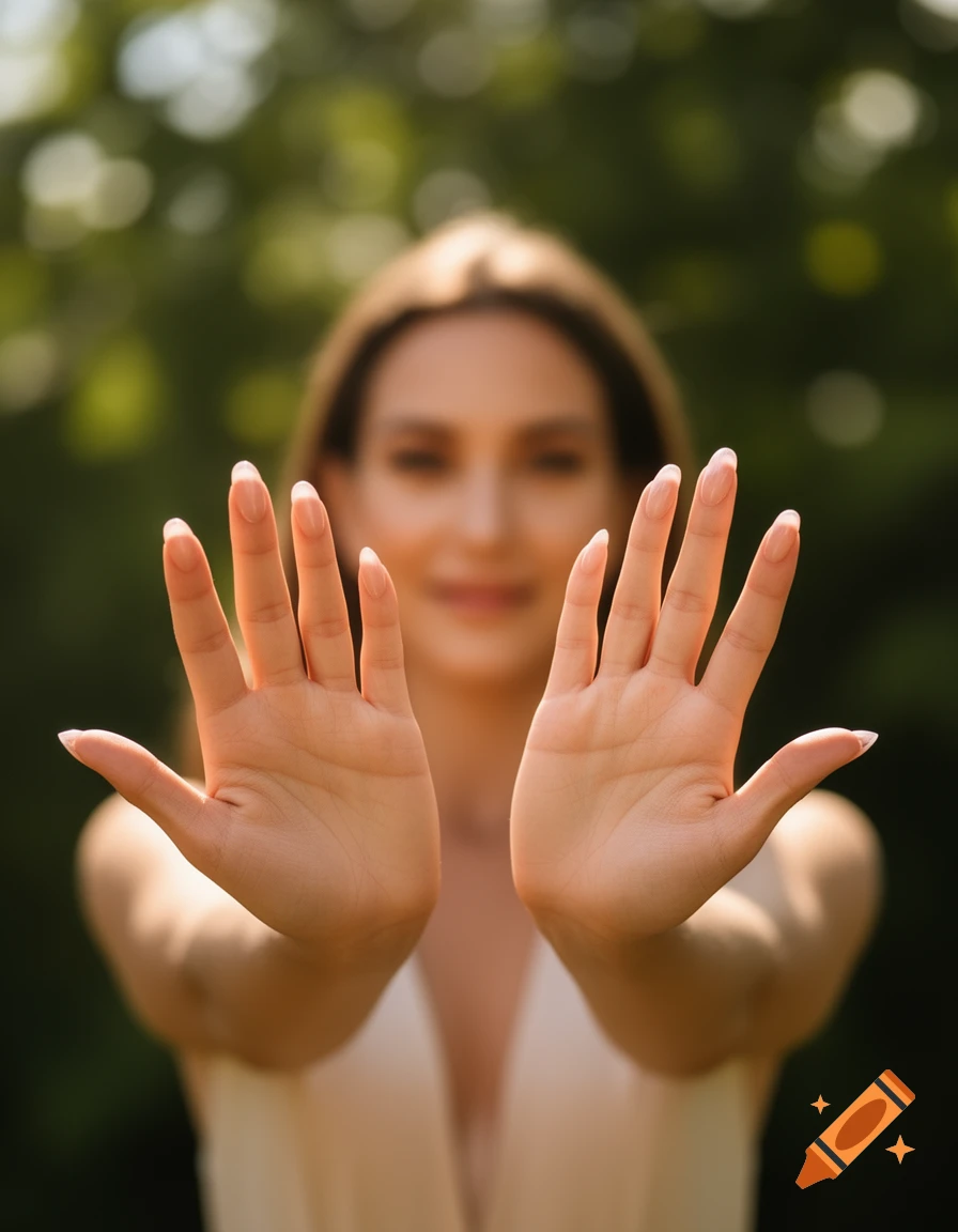 A woman with long hair holds her hands up towards the camera, palms open and fingers spread, against a blurred green background.
