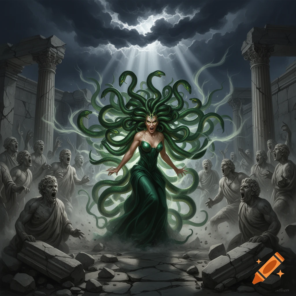 A dark fantasy illustration of Medusa in ancient ruins, turning terrified people to stone under a stormy sky.