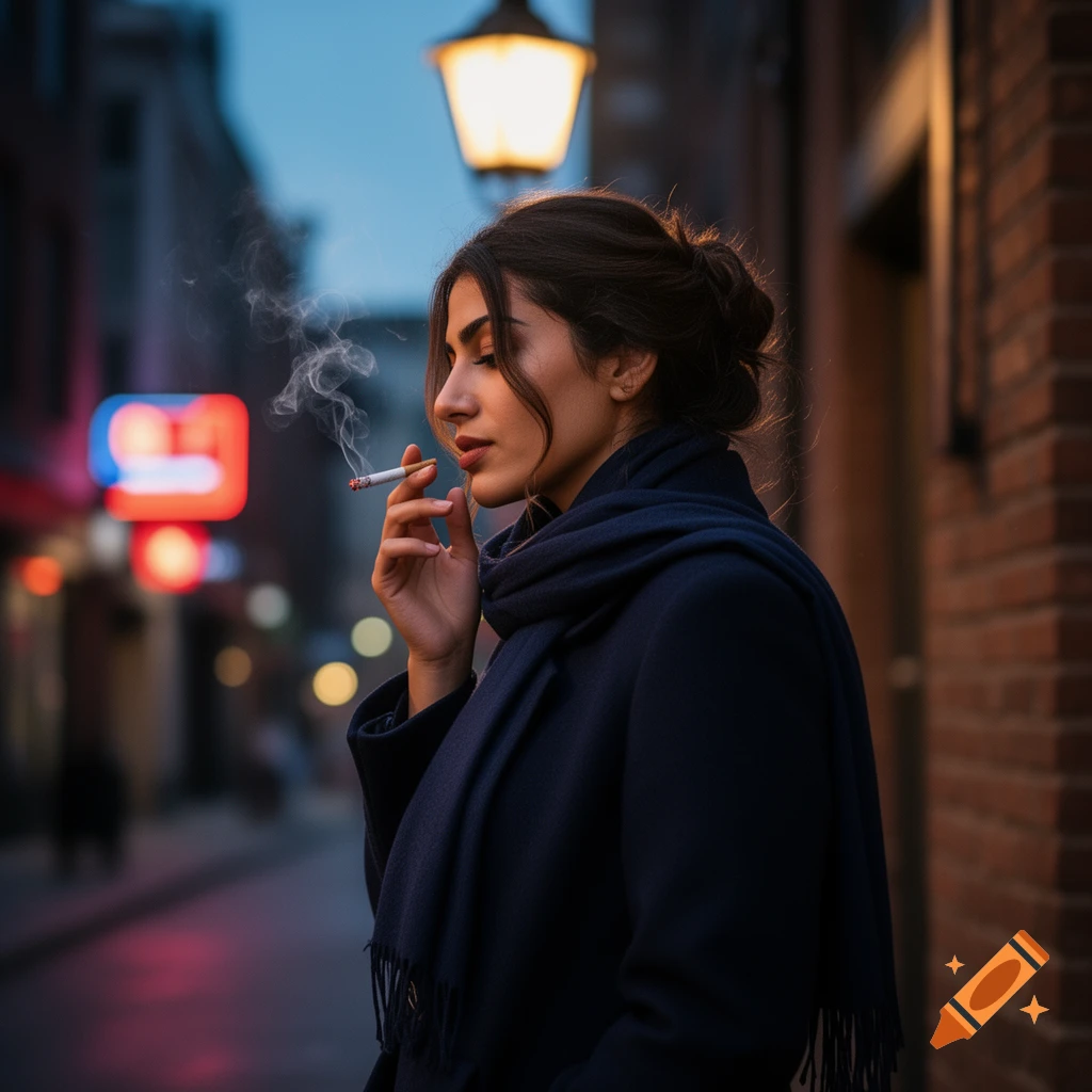 A photorealistic image of a woman smoking a cigarette on an urban street at dusk.