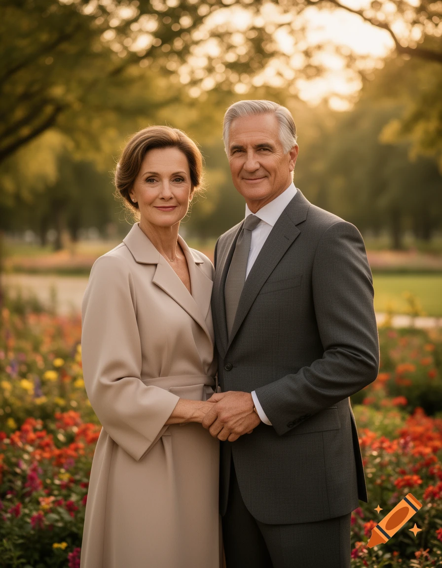 A smiling older couple in formal attire stands holding hands in a sunlit garden full of colorful flowers.