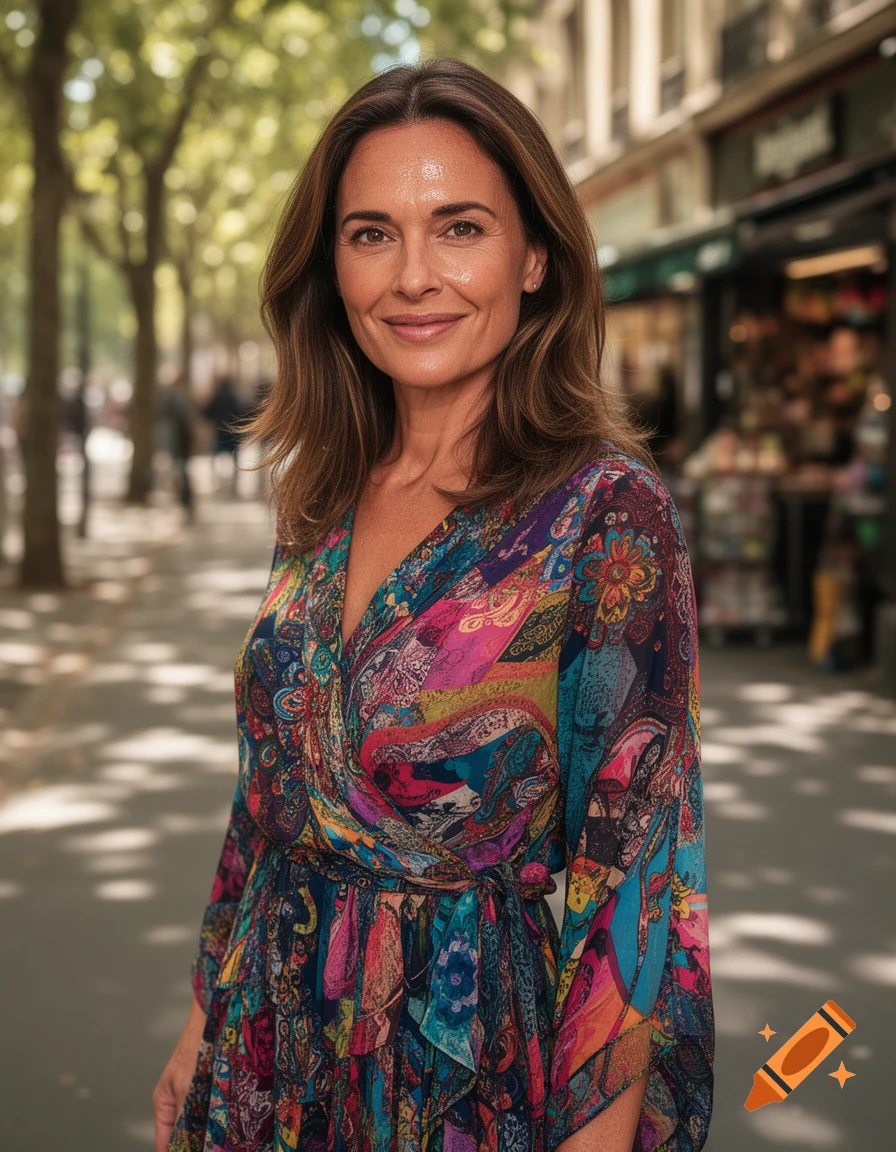 A smiling woman with brown hair and eyes wears a vibrant, multicolored patterned wrap dress on a tree-lined city street.
