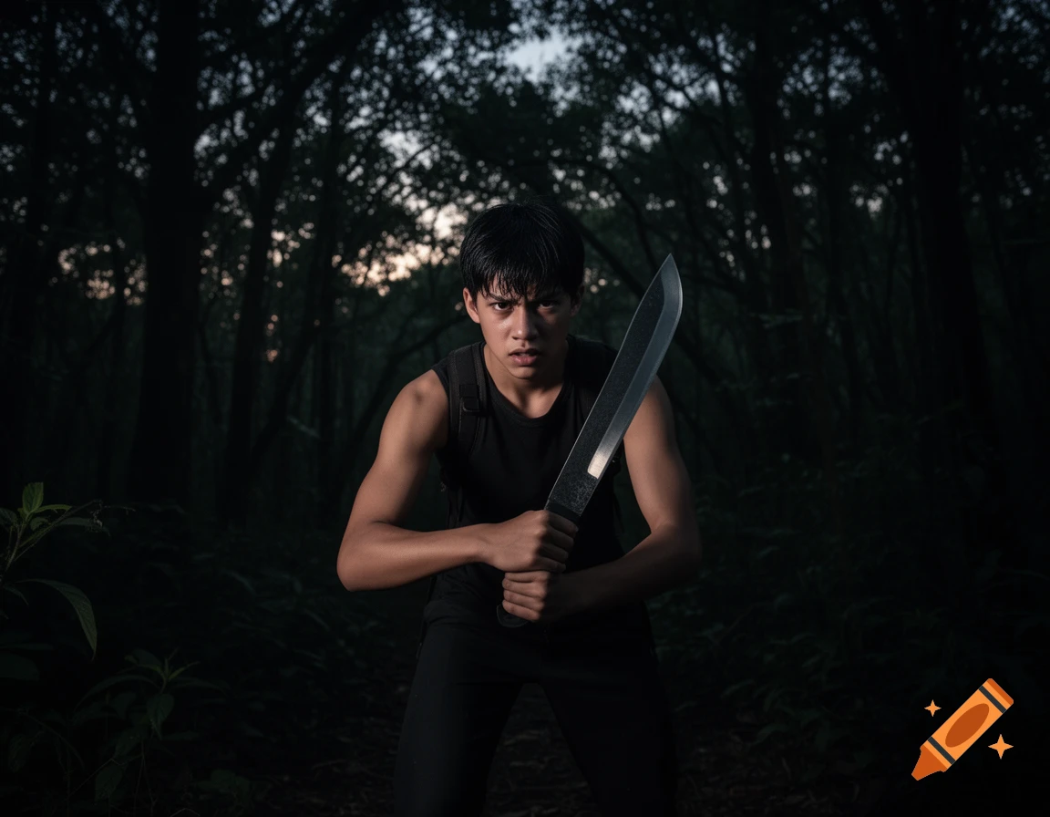 An angry young man with black hair holds a large machete in a dark forest, ready to strike, in a photorealistic style.