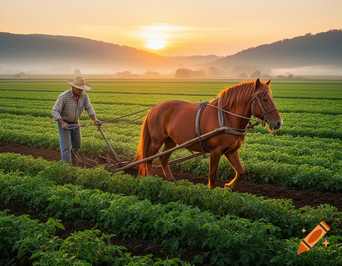 A farmer in a straw hat guides a horse pulling a plow through a green field at sunset.
