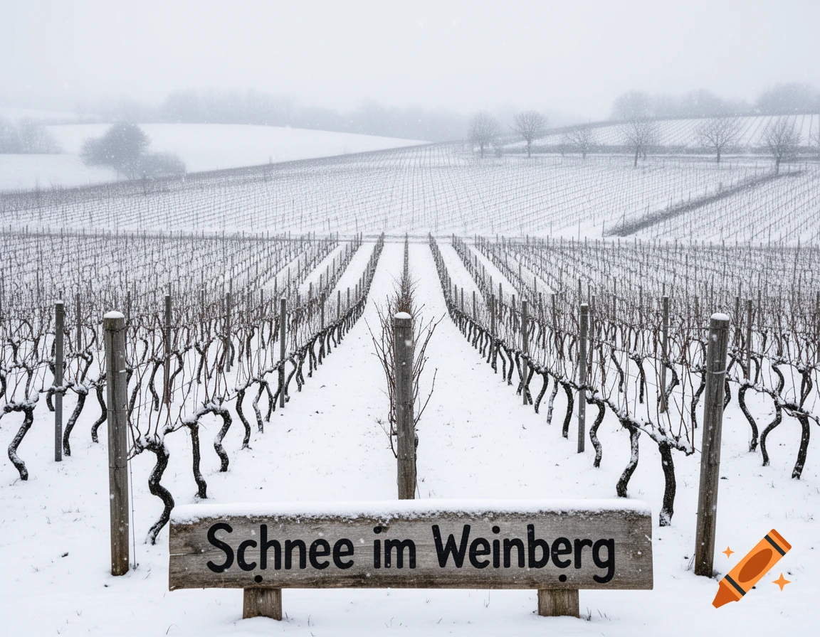A snowy vineyard landscape with bare vines and a wooden sign in the foreground that reads "Schnee im Weinberg" (Snow in the vineyard), under a hazy winter sky.