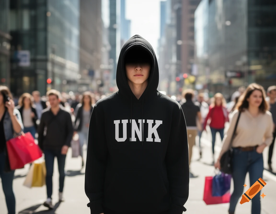 A young person in a black hoodie with "UNK" on it stands on a busy city street, their face shadowed by the hood.