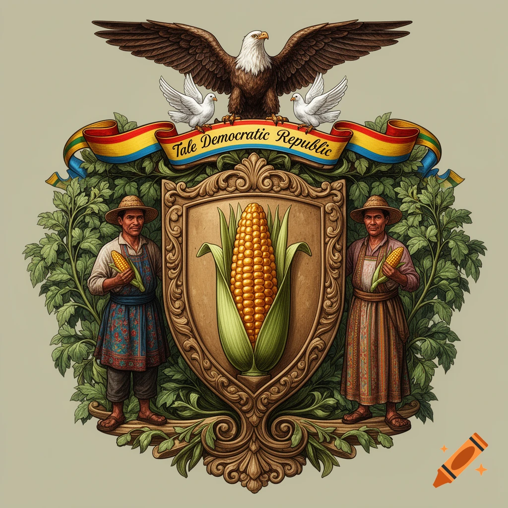 A detailed coat of arms with a bald eagle, two doves, a central shield featuring corn, two farmers, foliage, and a banner reading 'Tale Democratic Republic'.