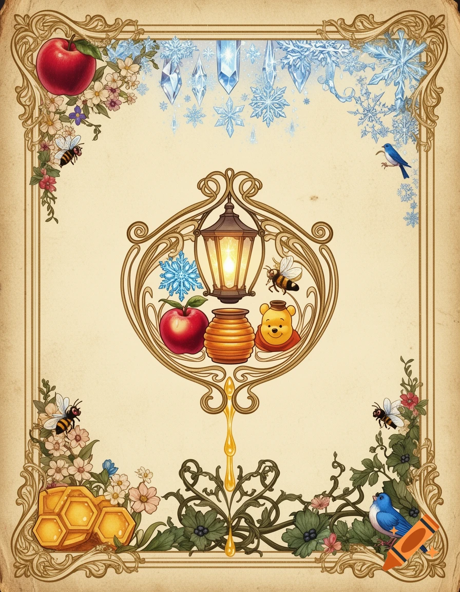 Vintage Disney-inspired decorative art with a central lantern emblem, Winnie the Pooh, apple, honey pot, snowflakes, bees, bluebirds, floral vines, and a golden filigree border on aged parchment.