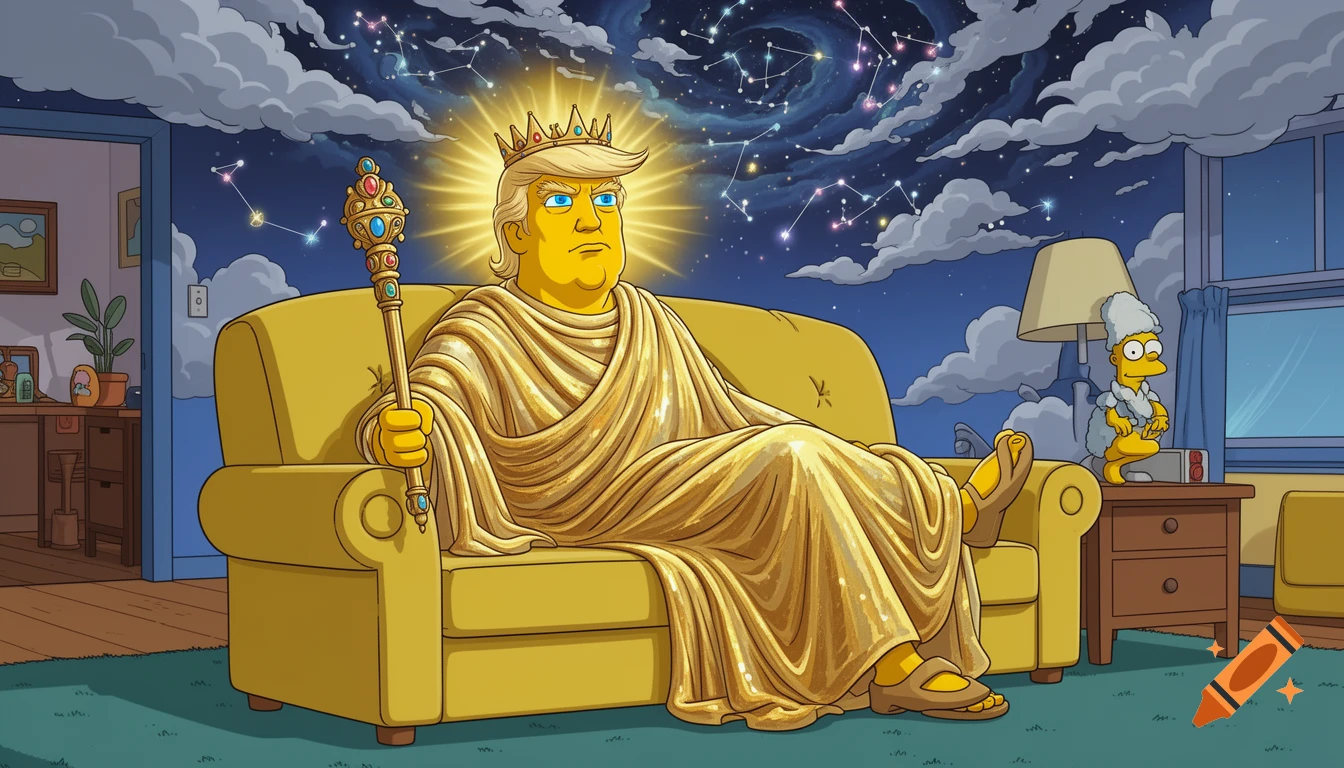 Donald Trump as a golden god with a crown and scepter, sitting on a yellow couch in a Simpsons-style living room, with a Homer-like figure nearby.
