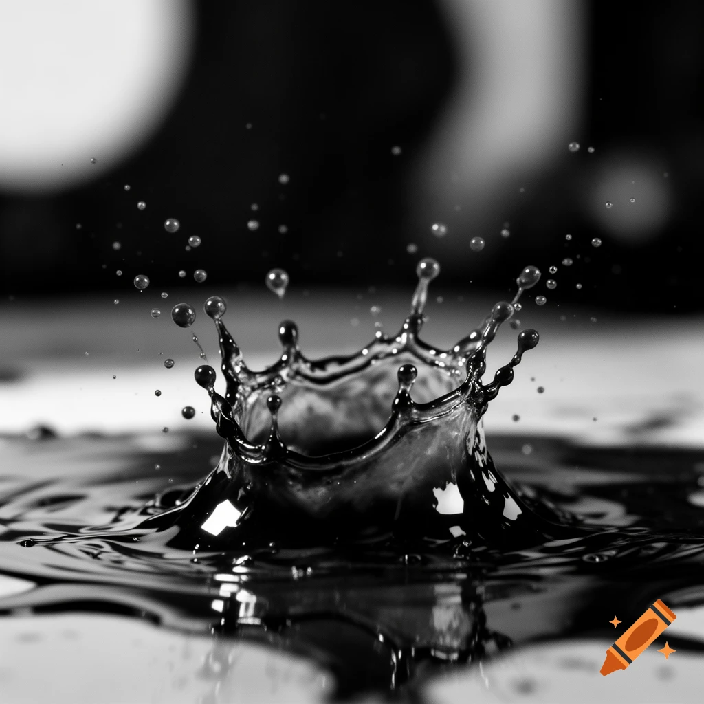 Black and white high-speed photograph of liquid splashing, forming a crown shape and numerous droplets.
