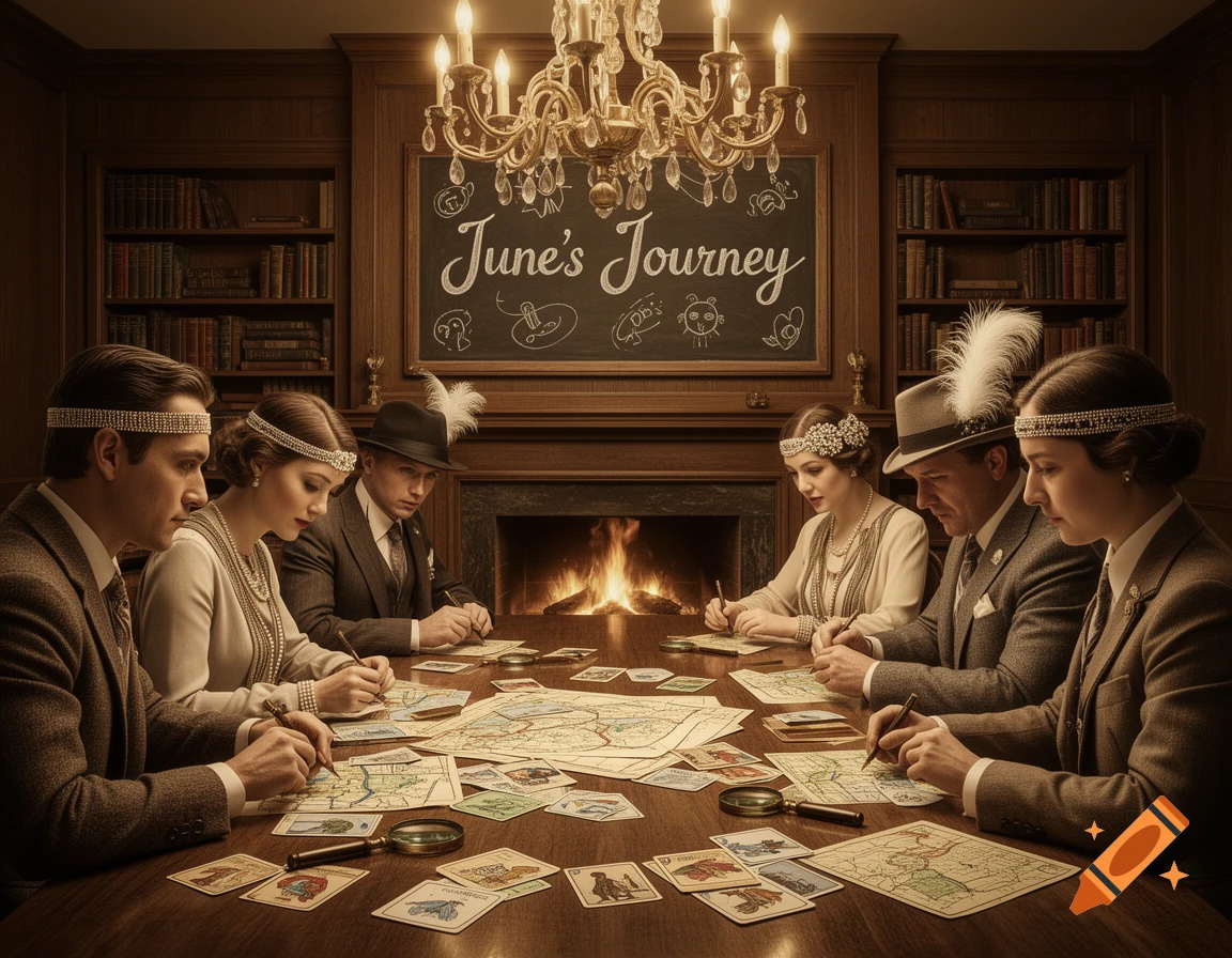 People in 1920s attire gather around a large wooden table, writing on maps and playing a board game in a grand room with a fireplace and chandelier. A blackboard reads 'June's Journey'.