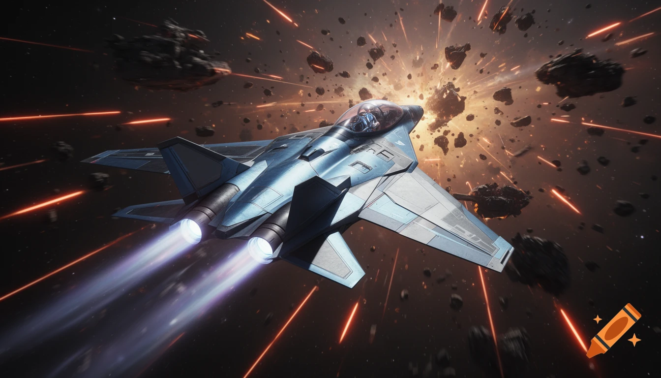 A futuristic blue space fighter jet with engine trails flies through an asteroid field with explosions and laser fire.