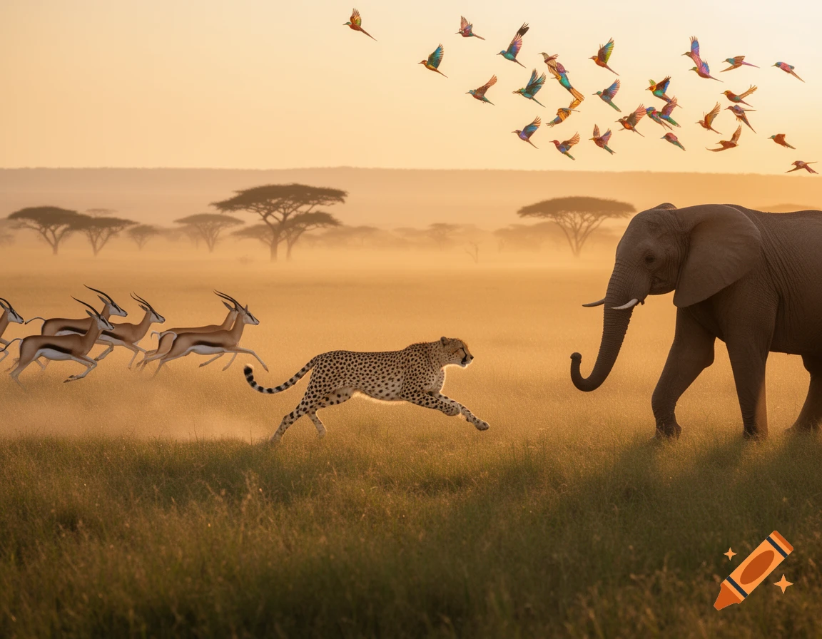 A cheetah runs across a golden savanna alongside a herd of gazelles, with an elephant and a flock of birds against a misty sunrise sky.