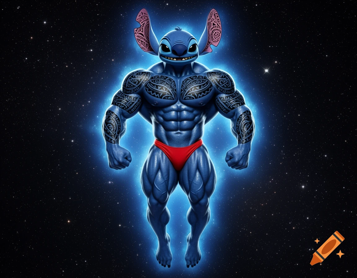 Muscular, tattooed Stitch in a red posing thong floats in space with a blue aura.