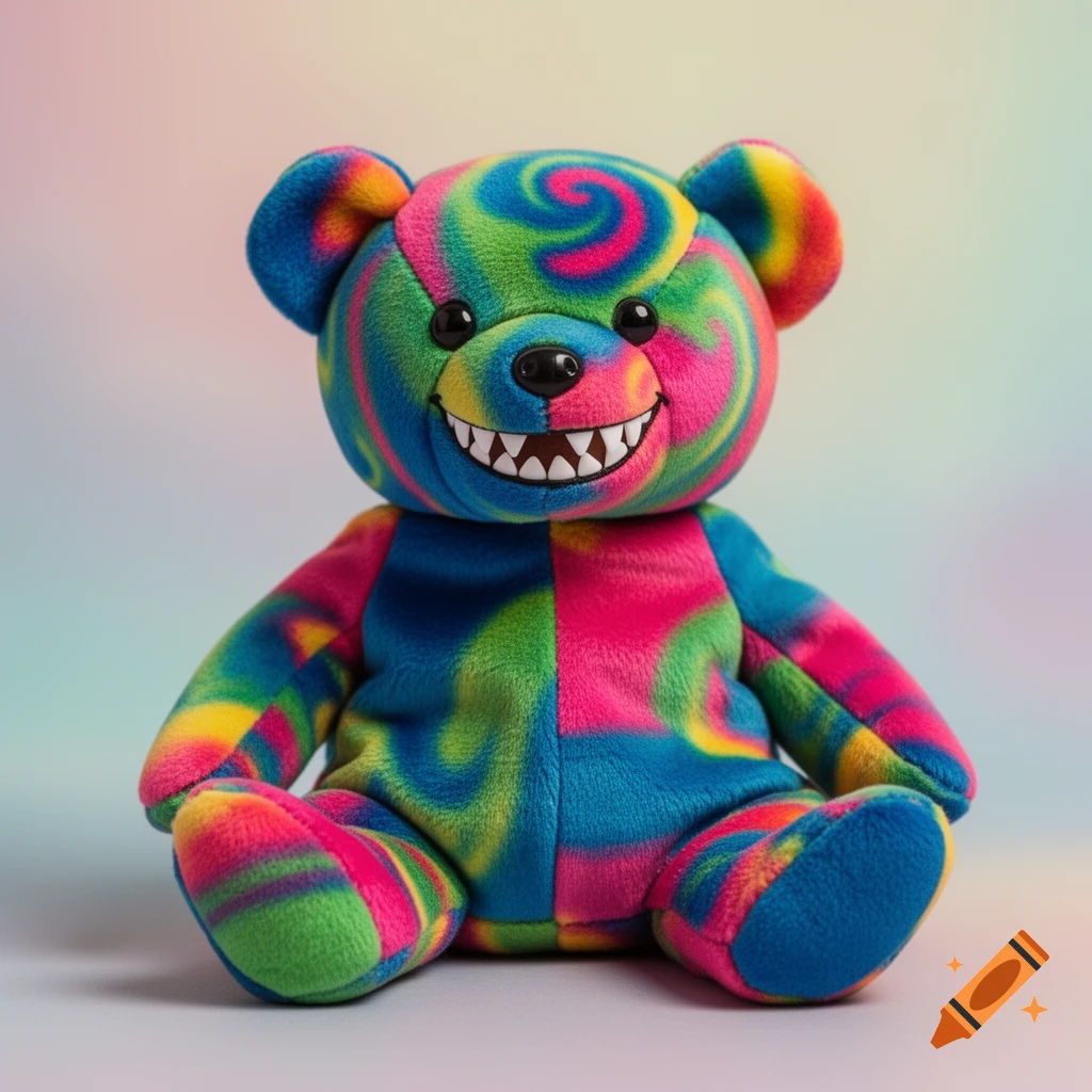 A colorful, psychedelic tie-dye plush bear with sharp, pointed teeth sits against a pastel background.