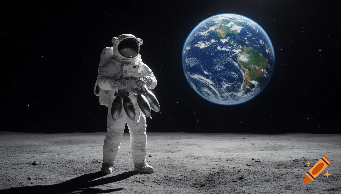 An astronaut stands on the moon holding three bombs, with Earth visible in the background, in a photorealistic style.