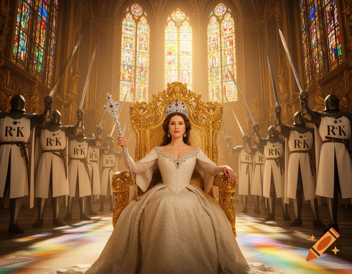 A queen in a white gown and jeweled crown sits on a golden throne, holding a scepter, in a grand hall with stained-glass windows. Armored knights with raised swords stand behind her.