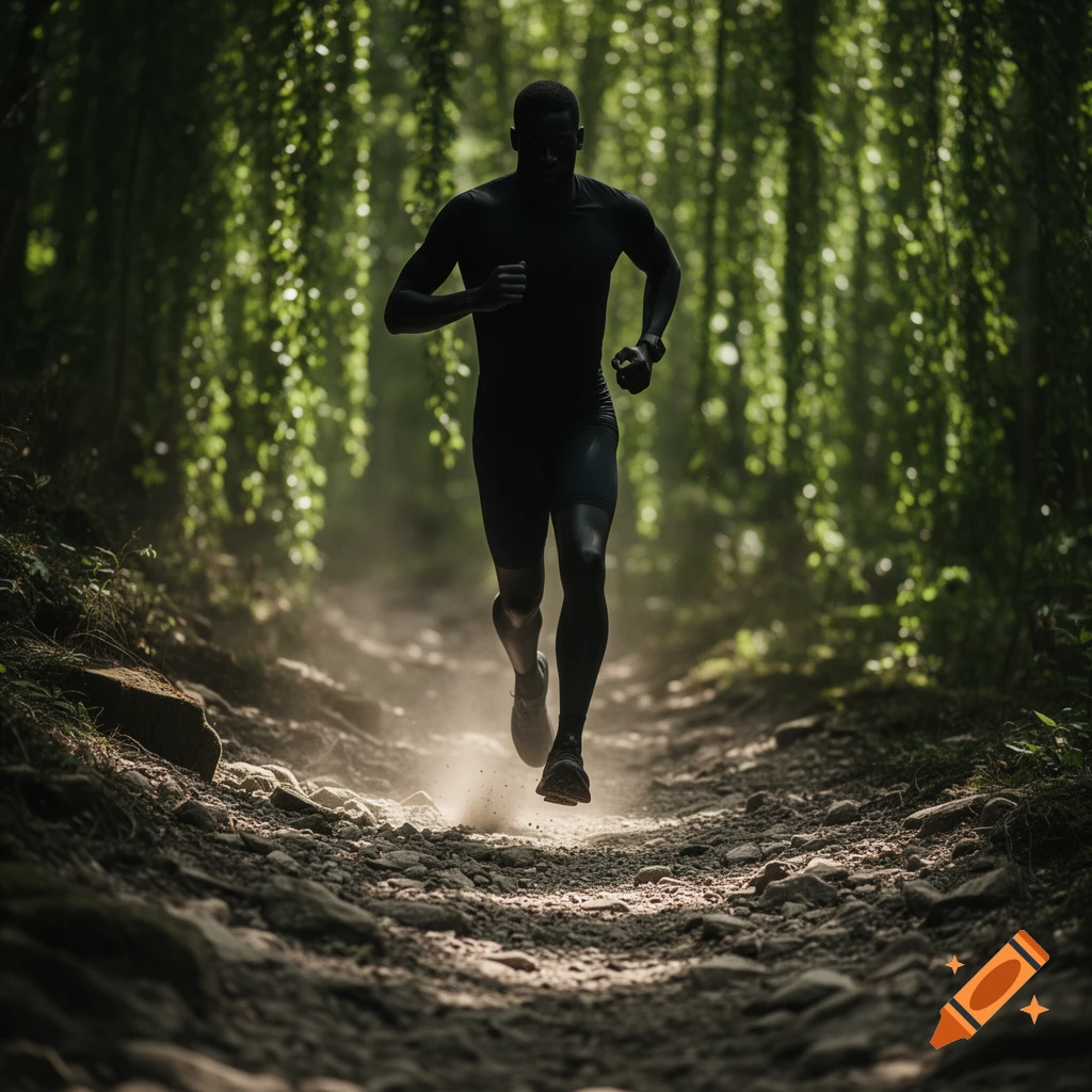 A silhouetted man runs on a dusty, rocky trail through a sun-dappled forest.