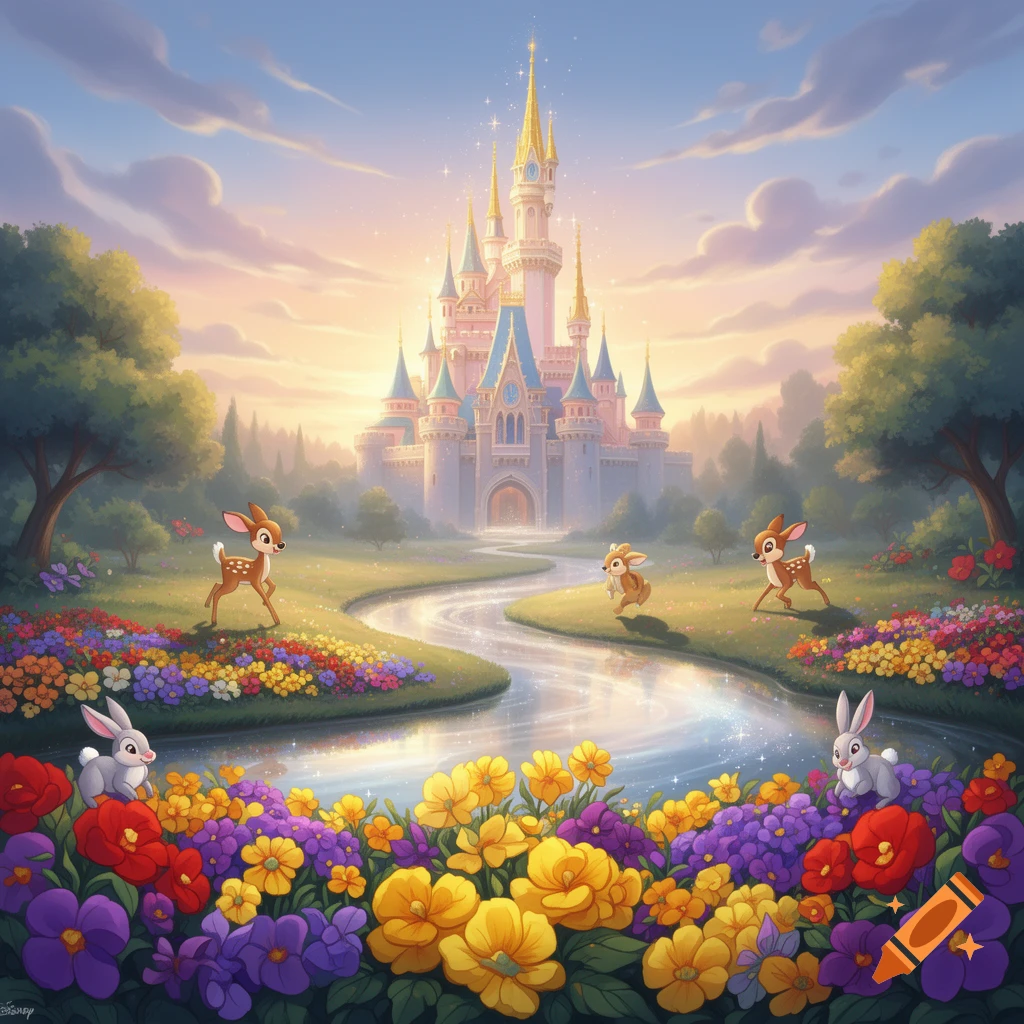 A whimsical, animated fantasy landscape with a grand castle, sparkling river, colorful flowers, deer, and rabbits.